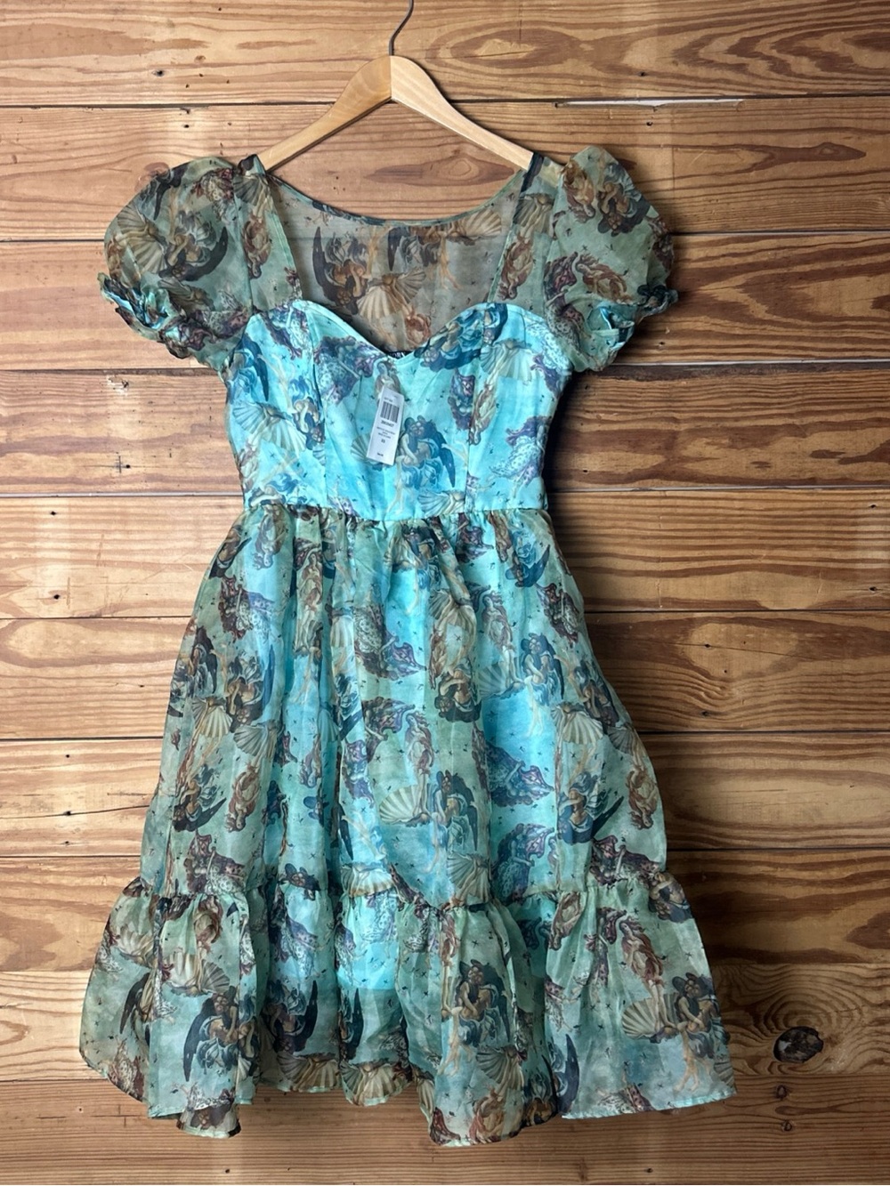 Girls' Aqua Vintage Floral Puff-Sleeve Party Dress